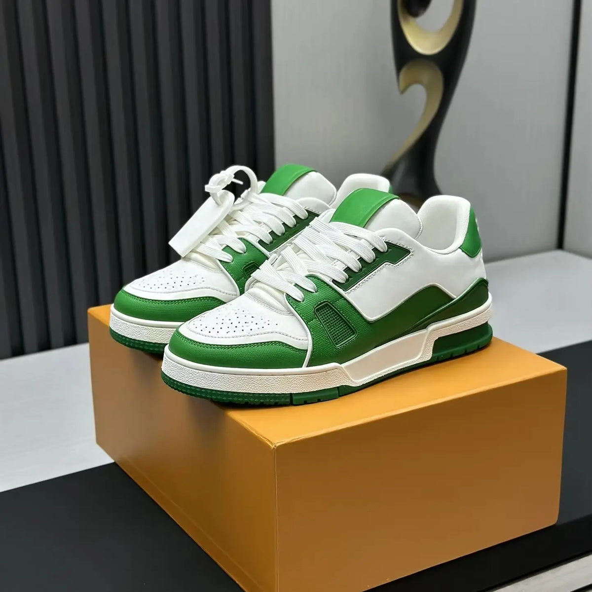 White Green Leather Patchwork Sneakers Thick Sole Lace Up Casual Shoes