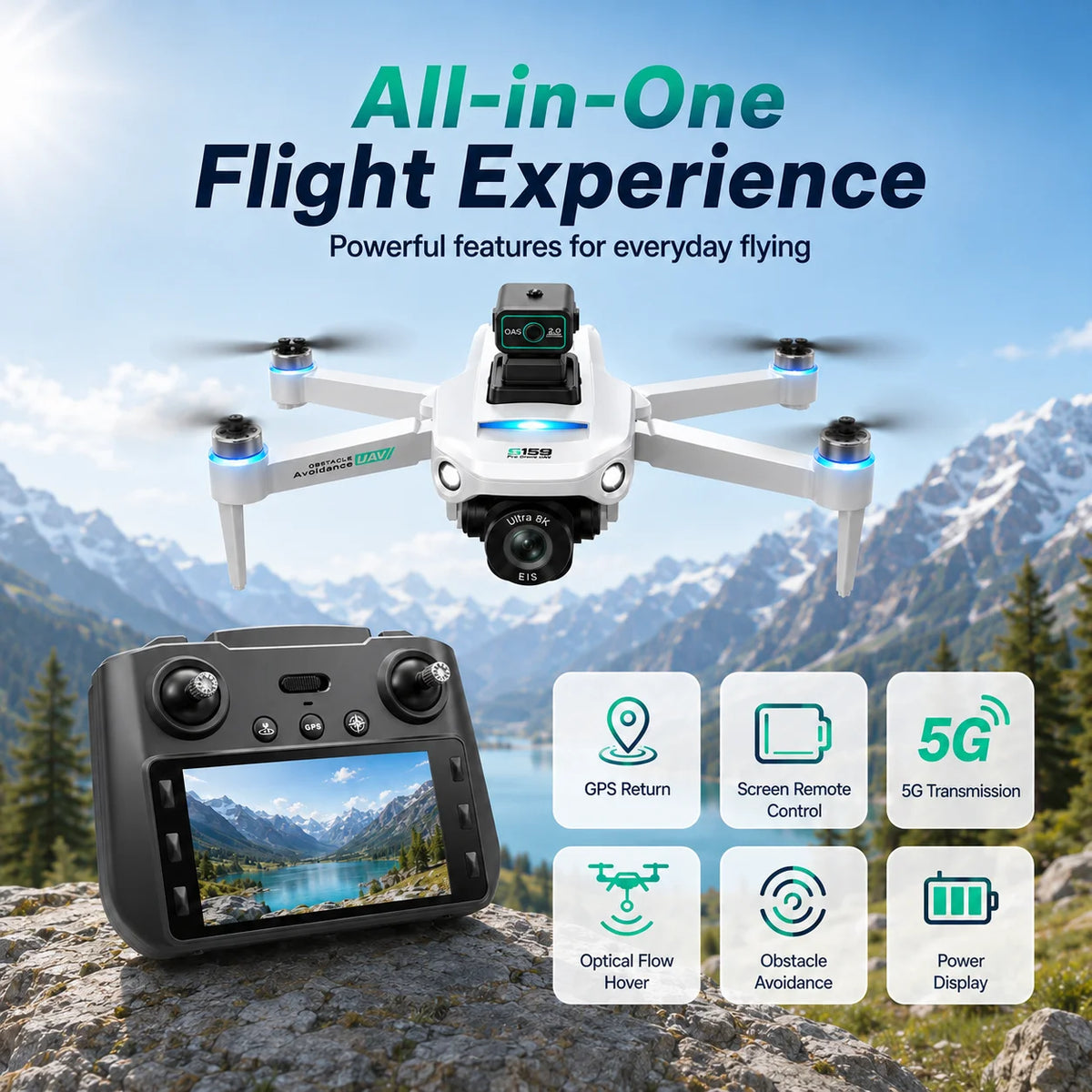 ZNLYRION GPS Drone S159 Brushless with 8K Camera 5G FPV Optical Flow Hover and 20Mins Flight Time