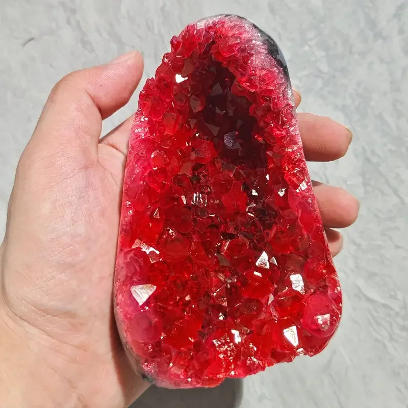 Red Geode Cluster With Cut Base for Home and Office Decor