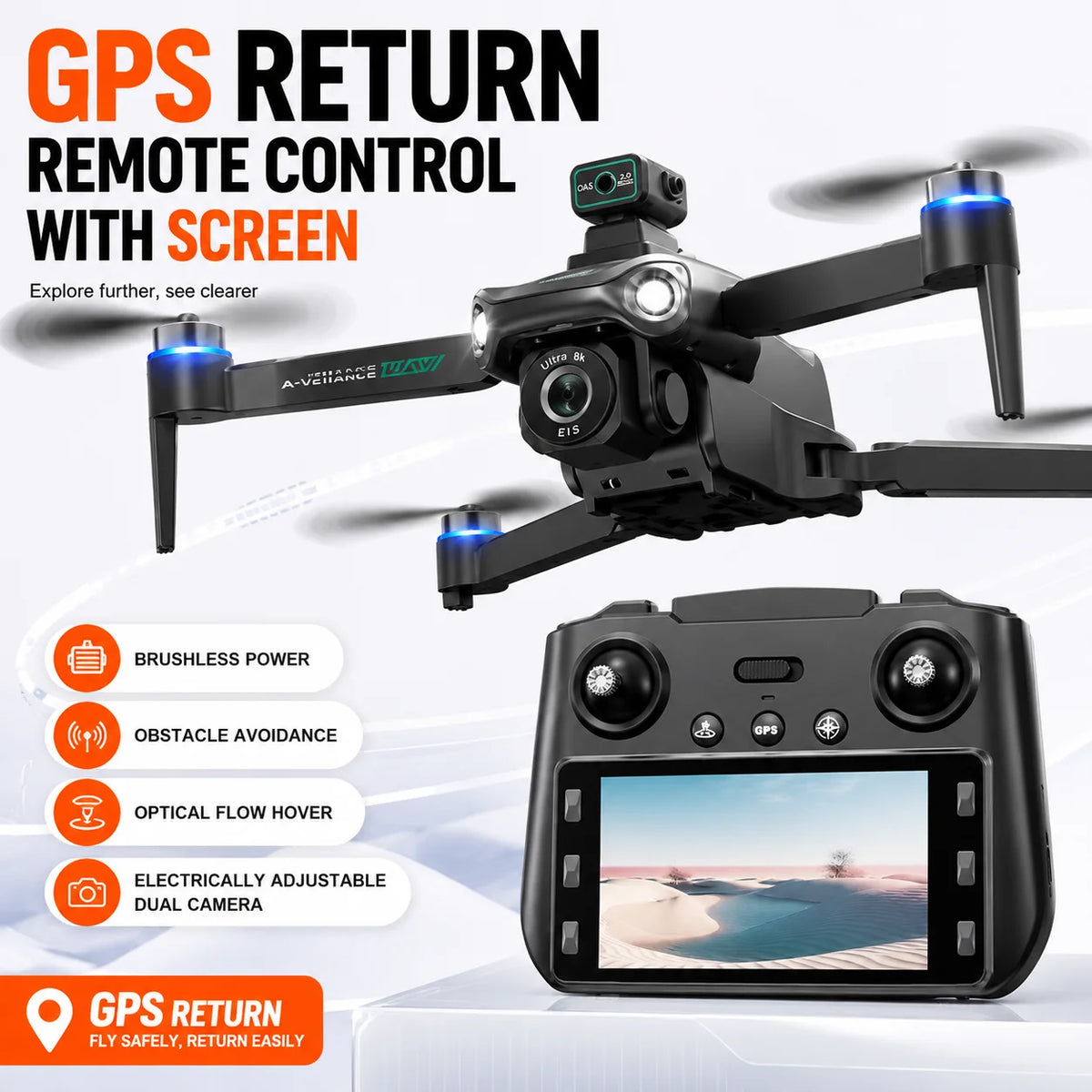 ZNLYRION GPS Drone S159 Brushless with 8K Camera 5G FPV Optical Flow Hover and 20Mins Flight Time