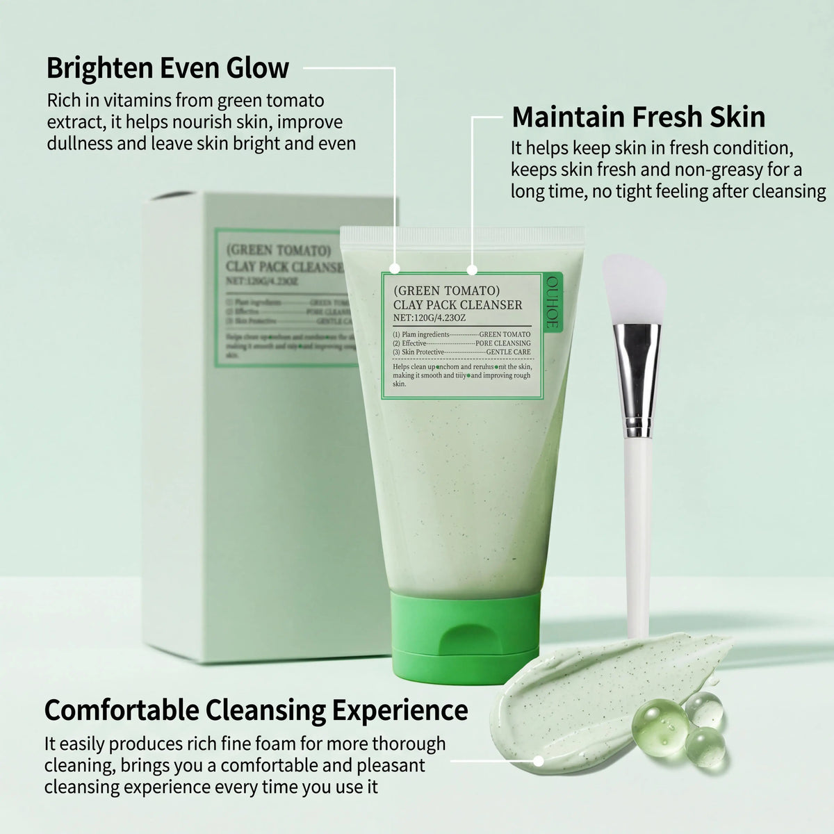 Ouhoe Green Tomato Face Wash Deep Pore Cleanser Oil Control Brightening Gentle Daily Exfoliating Gel Wash Off Type With Spatula Facial Cleanser