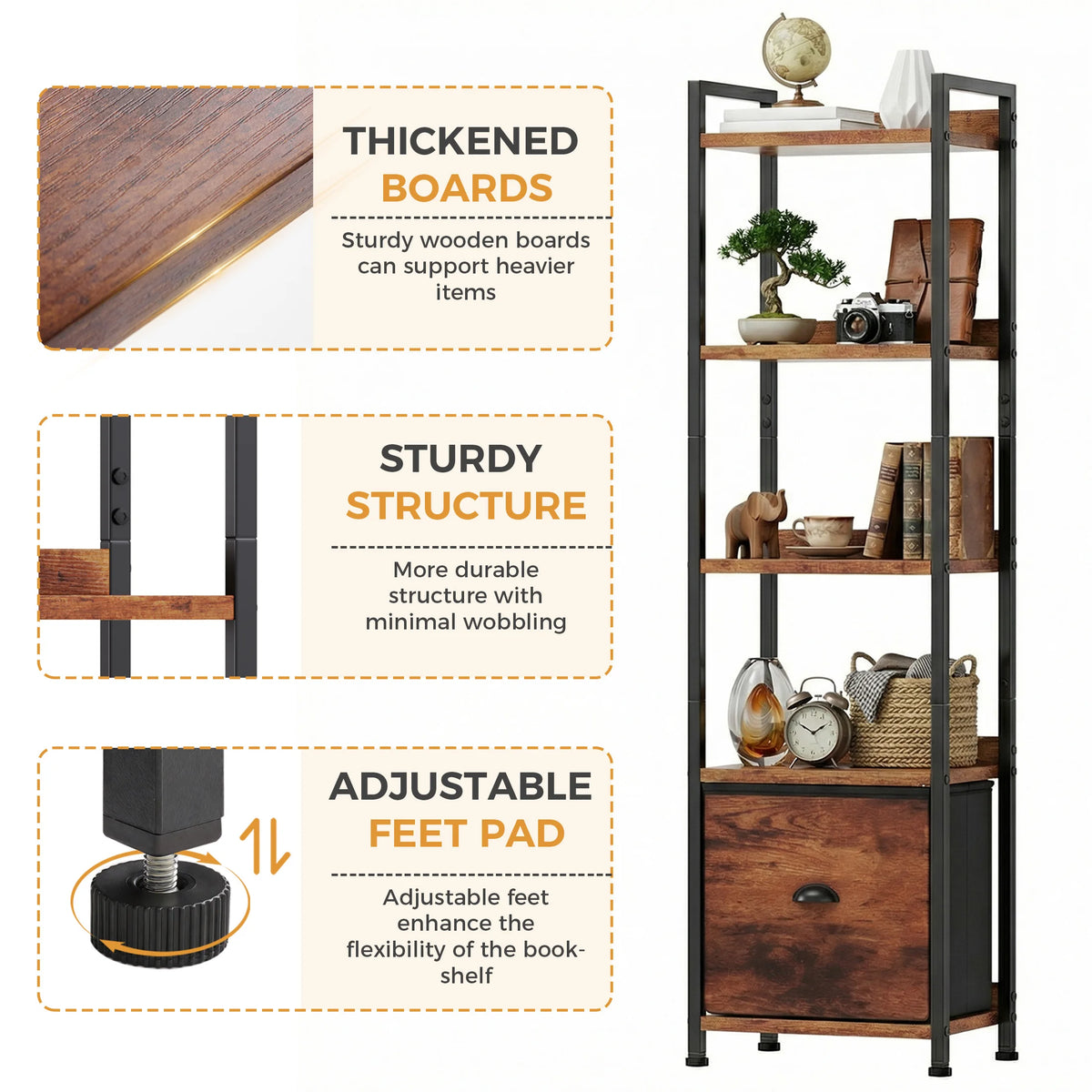 5 Tier Metal Bookshelf With Fabric Drawer Tall Freestanding Storage Shelf