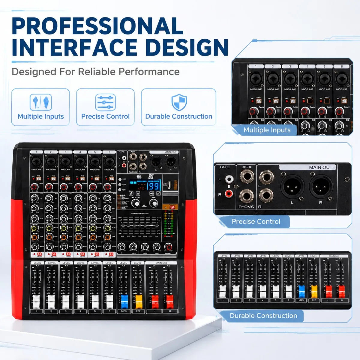 Yamnweo CV 600 6 Channel Audio Mixer 450W X2 DSP USB MP3 7 Band EQ