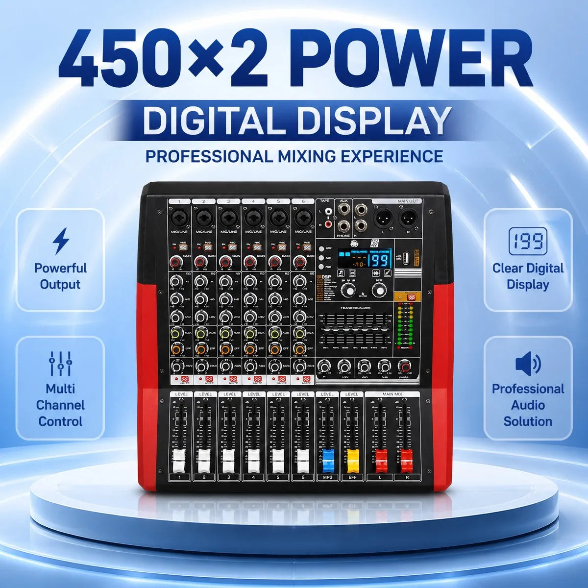 Yamnweo CV 600 6 Channel Audio Mixer 450W X2 DSP USB MP3 7 Band EQ