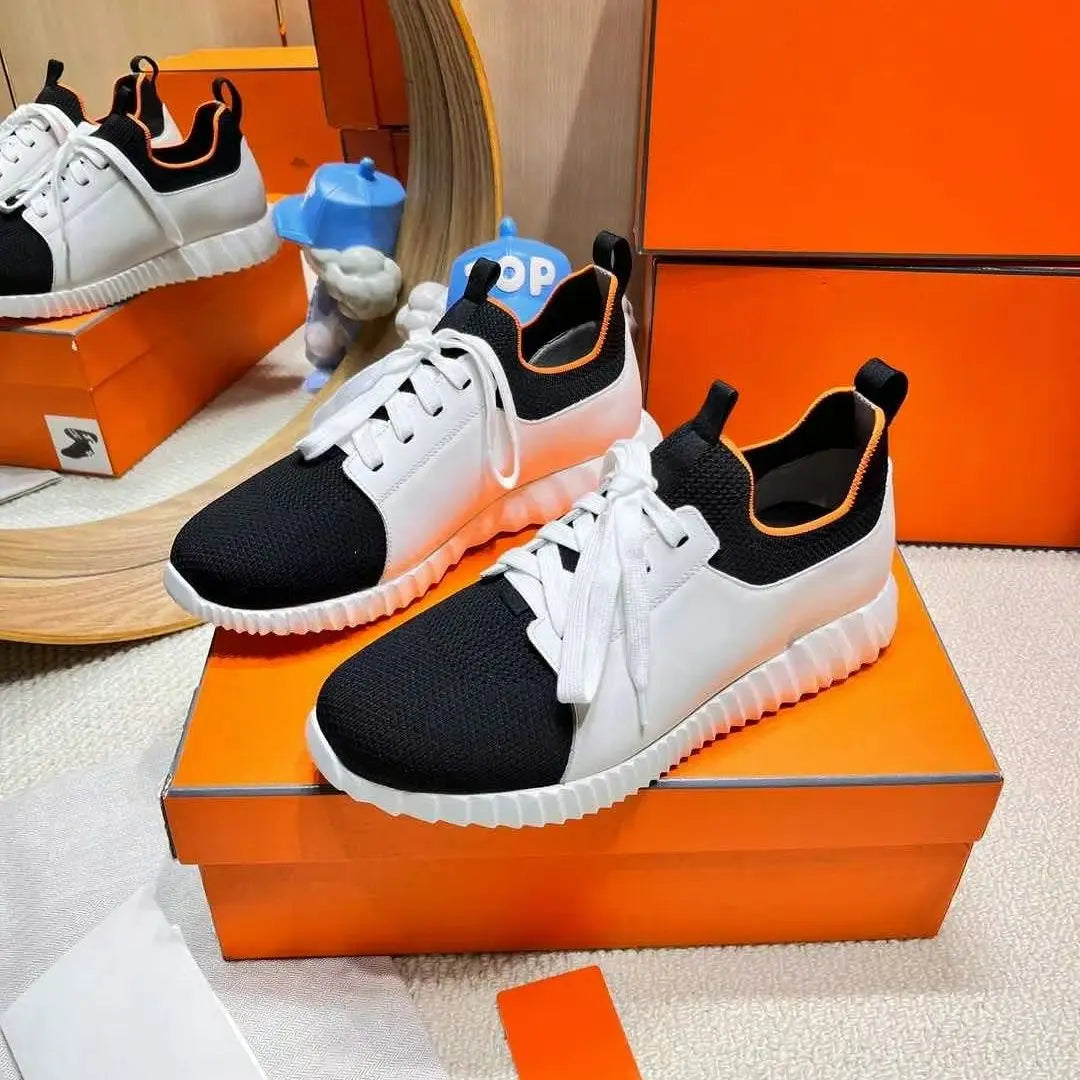 Unisex Black White Knit Leather Sneakers With Thick Ridged Rubber Sole