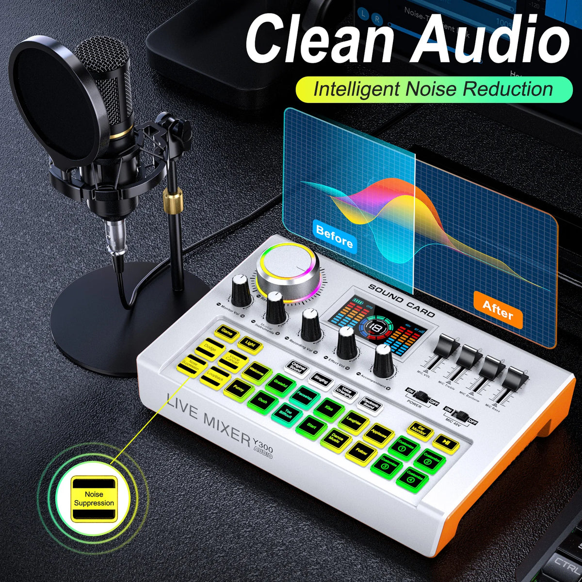 Tenlamp Y300 BM800 Live Sound Mixer Podcast Recording Bundle for 4 People