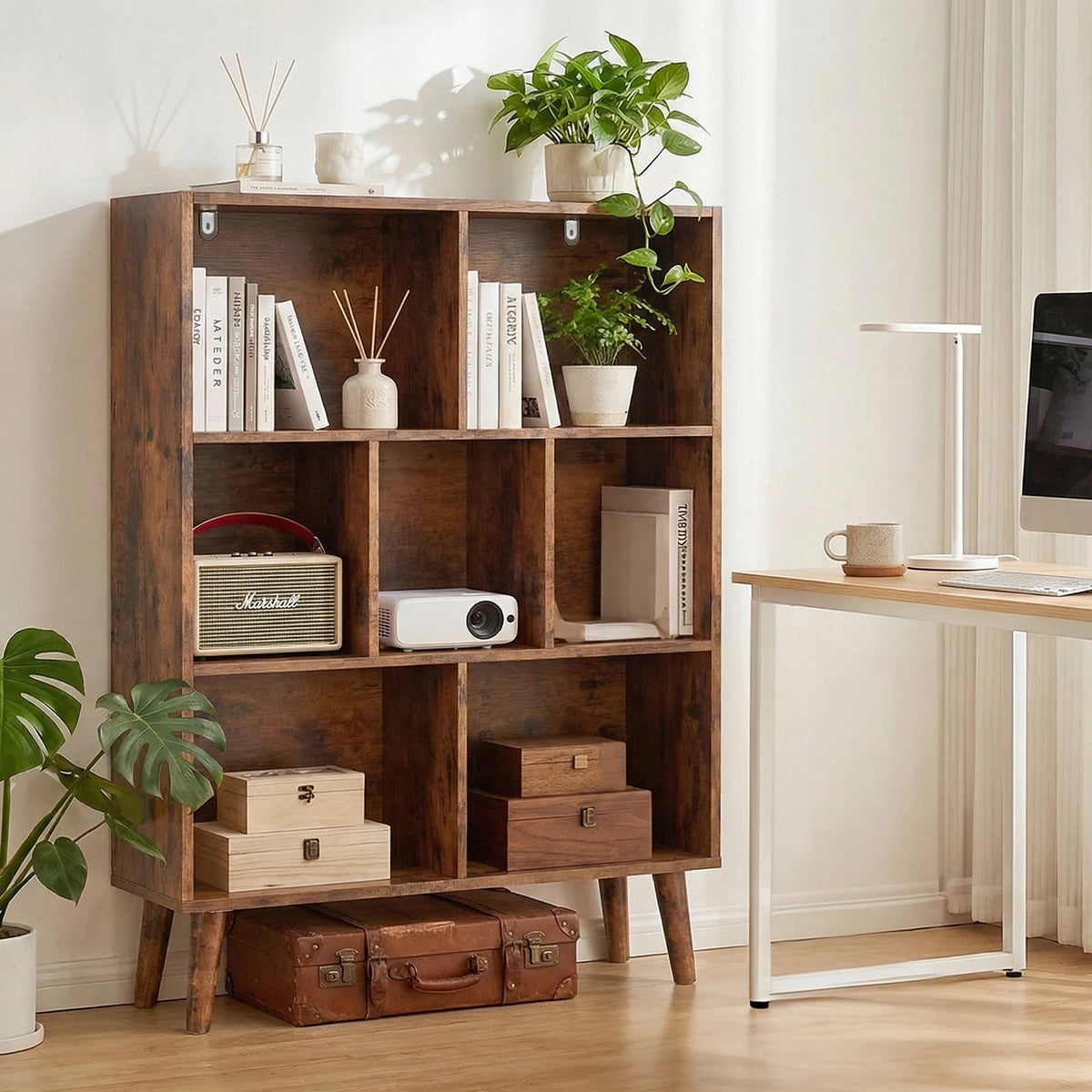 Three Tier Wooden Bookcase with Legs and Storage Display Shelves