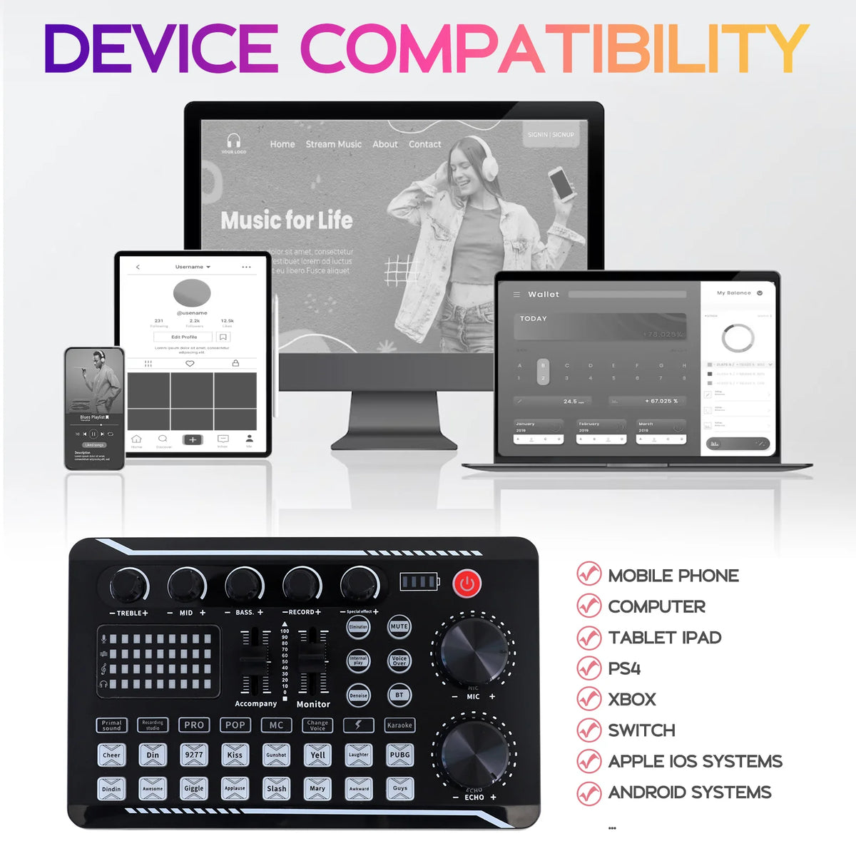 BM800 Home Studio Recording Kit with Condenser Microphone and Audio Mixer