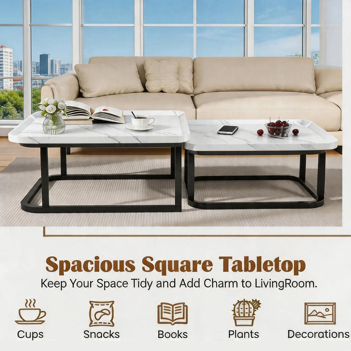 Square Nesting Coffee Tables Set of 2 Space Saving Fluted Side Tables