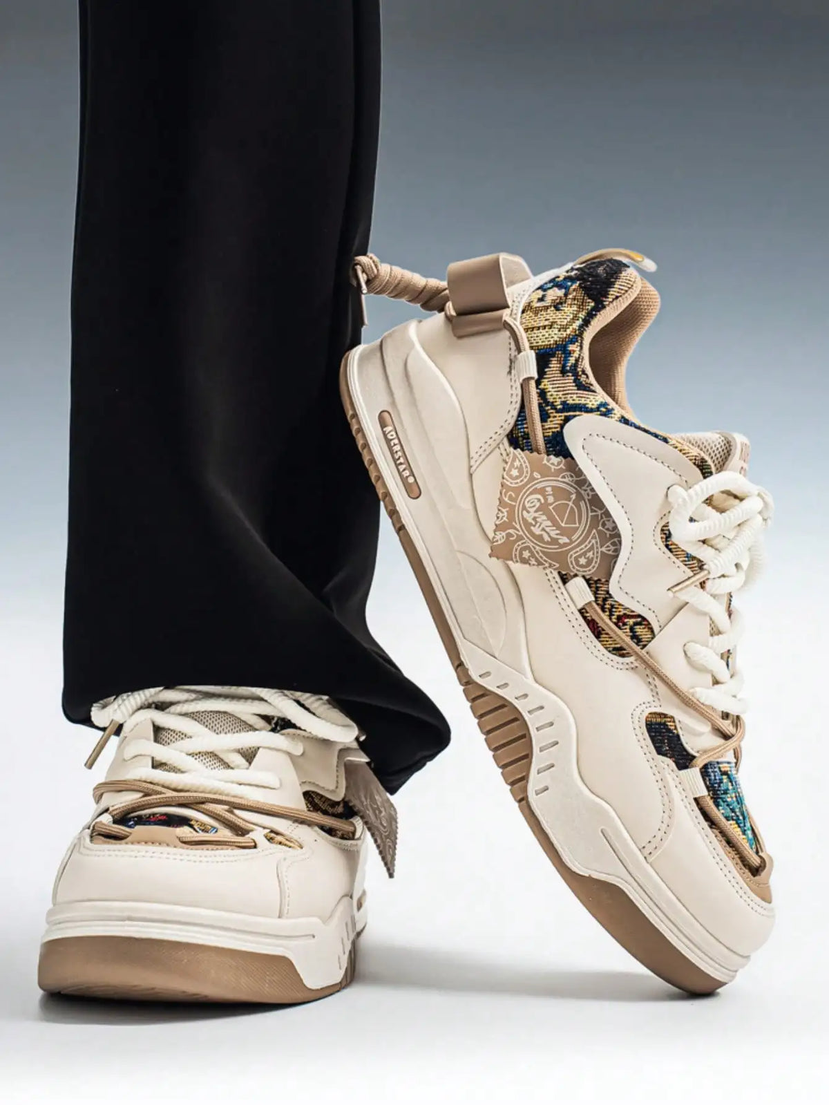 Mens Retro Chunky Sneakers With Geometric Print And Thick Sole Skate Shoes