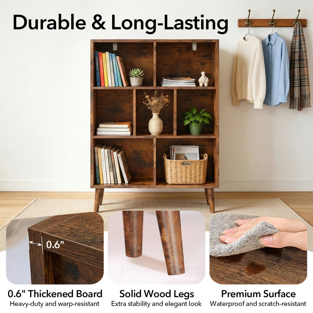 Three Tier Wooden Bookcase with Legs and Storage Display Shelves