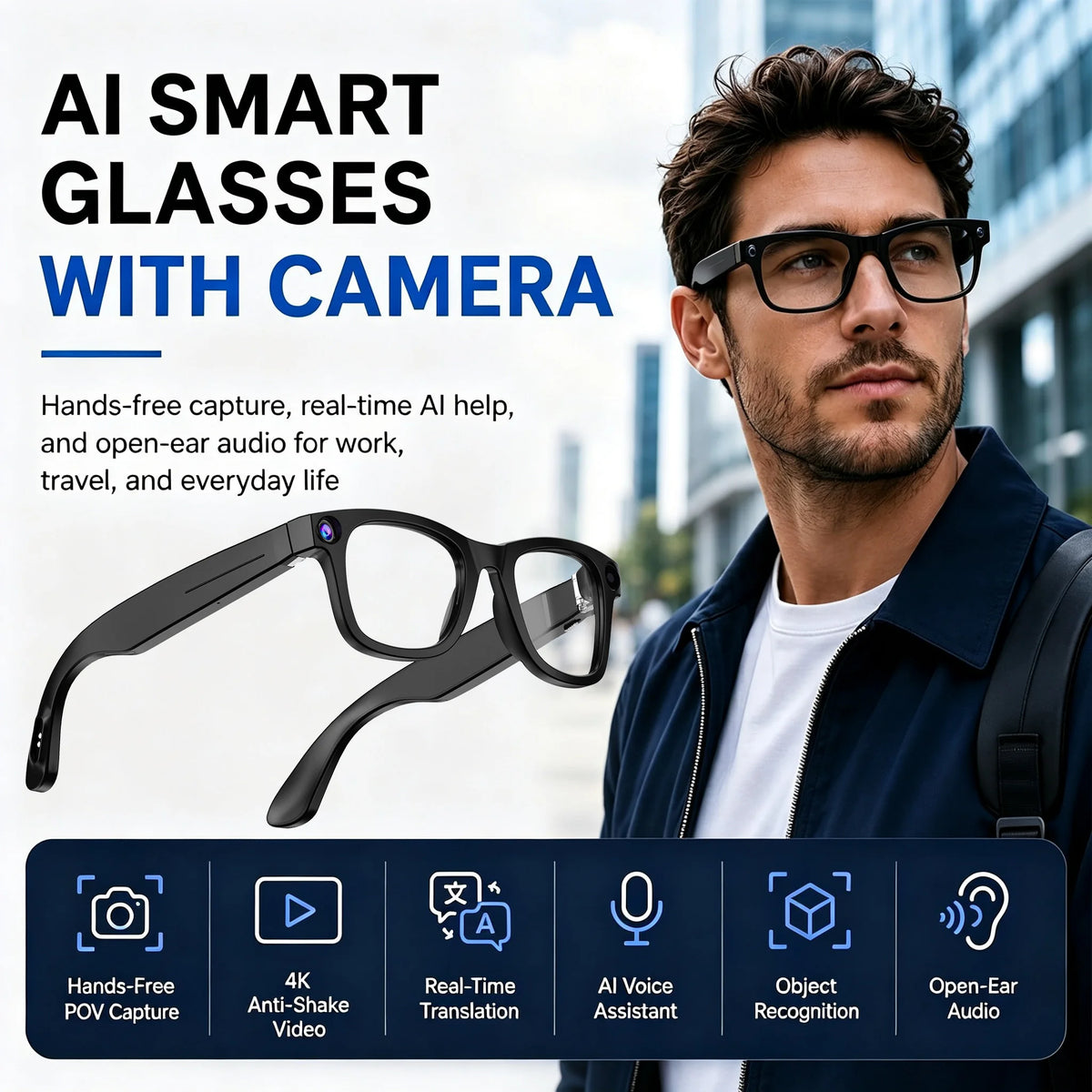AI Smart Glasses With 4K Camera, Real Time Translation And Bluetooth Audio