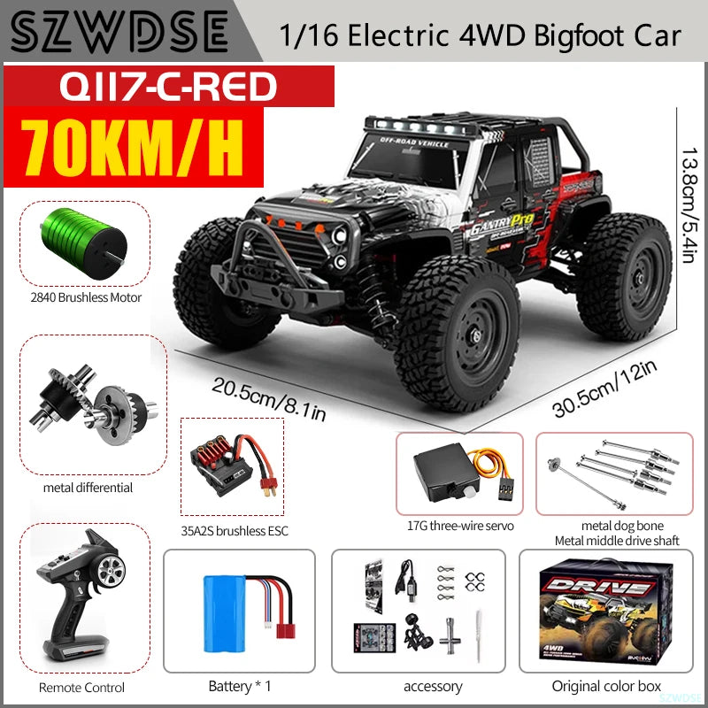 Wltoys Q117 1/16 RC Car 4WD Remote Control Car LED Headlights Brushless 70KM/H 2.4G High Speed Off-Road Drift Toys for Children