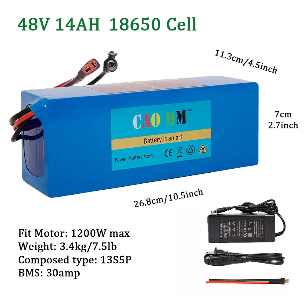 48v Battery, 8Ah/ 10Ah/ 14Ah/ 20Ah Ebike Battery for 200-2000W Electric Bike Bicycle, Scooter and Other Motor