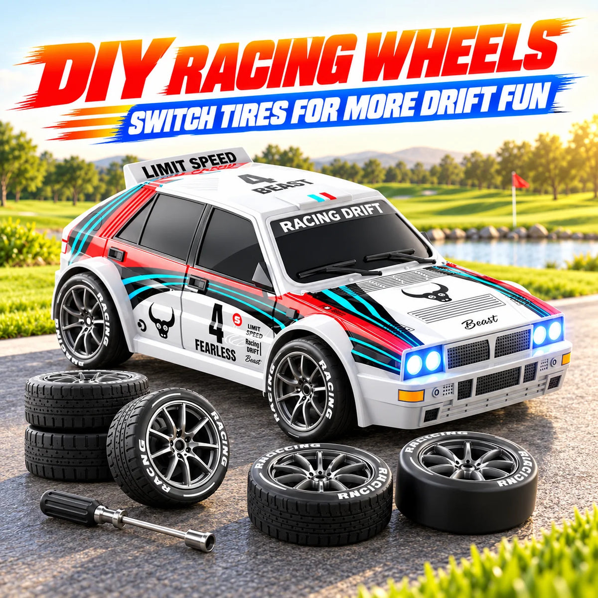 1 24 Scale 4WD RC Drift Car With LED Headlights And Spare Tires