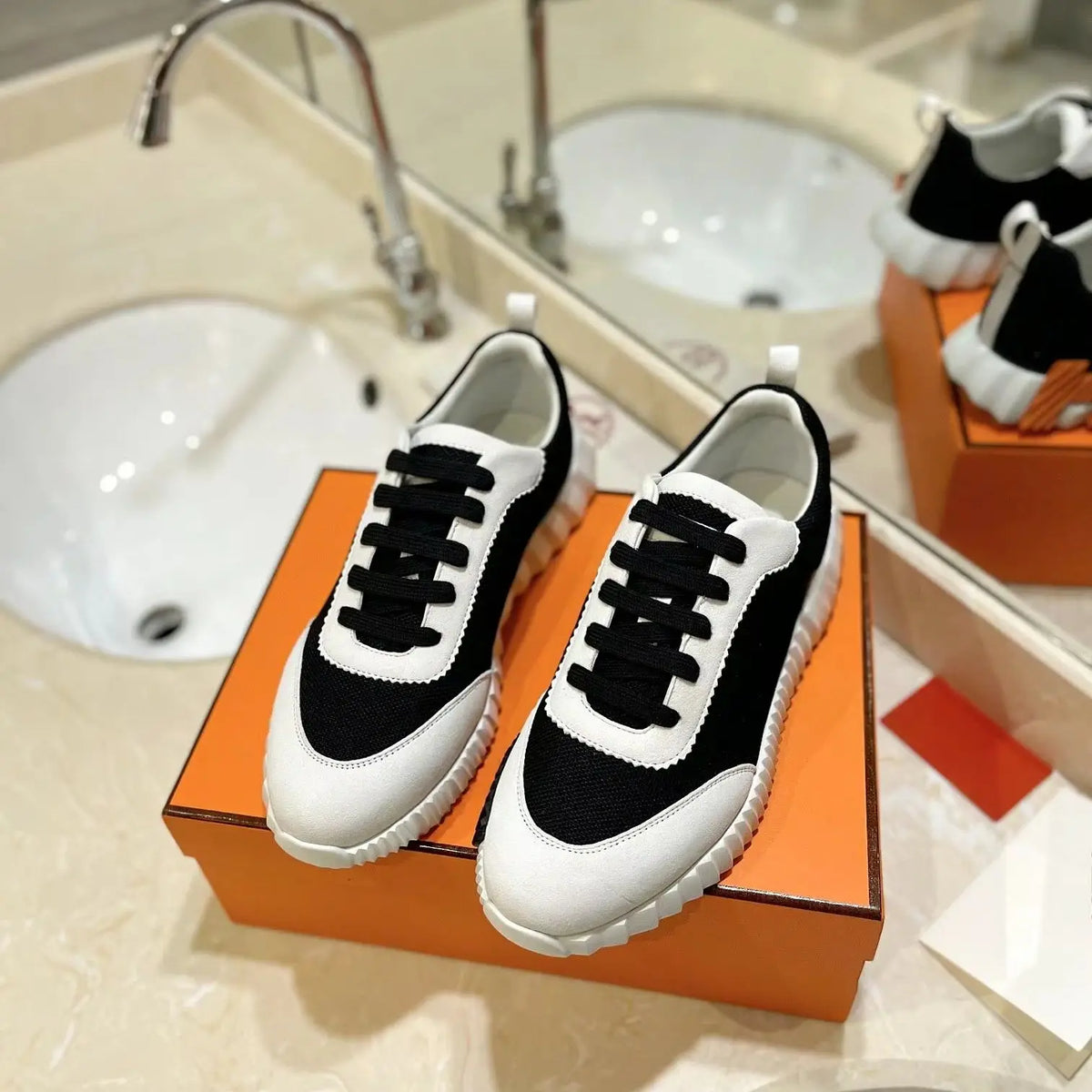Black White Unisex Waterproof Knit Sneakers with Suede and Thick Sole