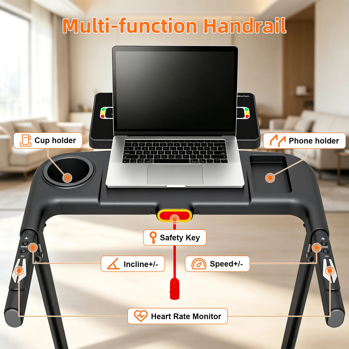 3.0HP Home Treadmill with 15 Level Auto Incline and Heart Rate Monitor