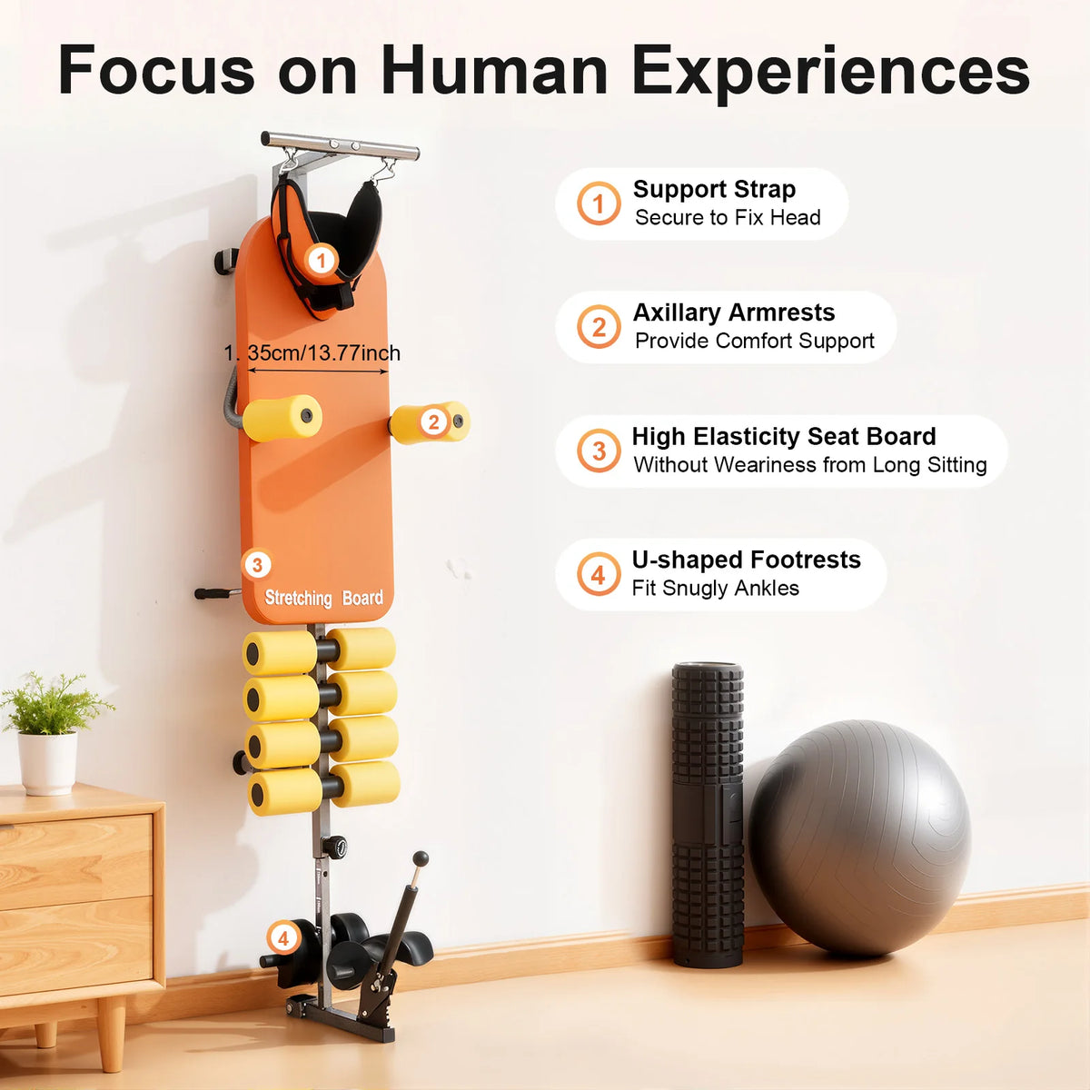 Back Stretch Bench – Adjustable 4.76-5.91ft – 286.6 Lbs – Traction & Decompression – U-Shape Footrest – Neck Back Relief – Orange Black