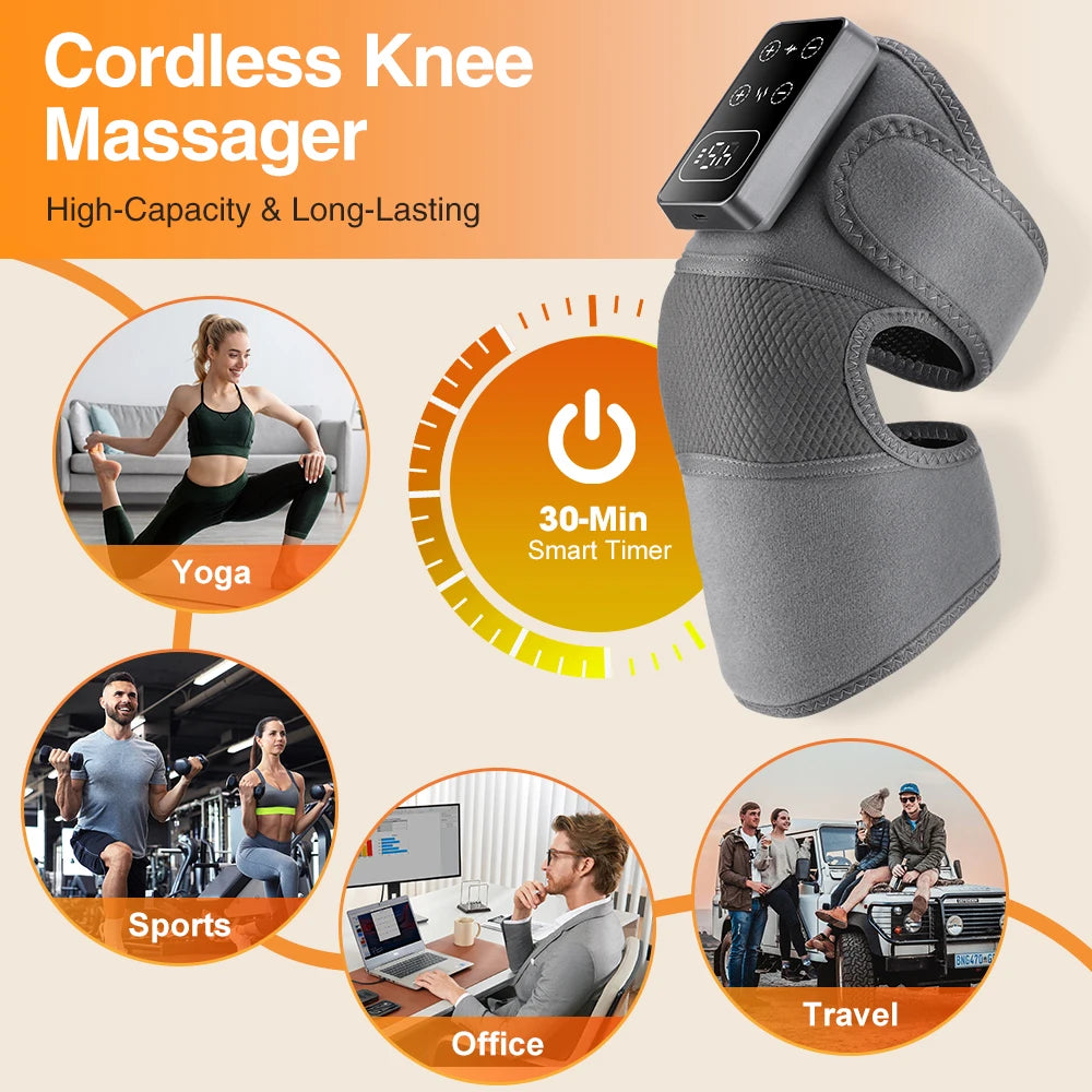 Cordless Heated Knee Massager 3 Vibration 5 Warm Compress Levels 3000mAh Rechargeable Knee Brace Wrap for Knee Elbow Shoulder Relaxation Home Office Travel Fitness Yoga