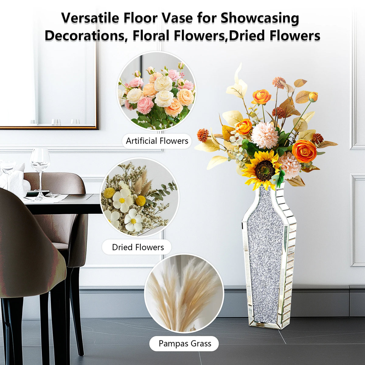 Tall Crushed Diamond Mirrored Floor Vase for Home Decor