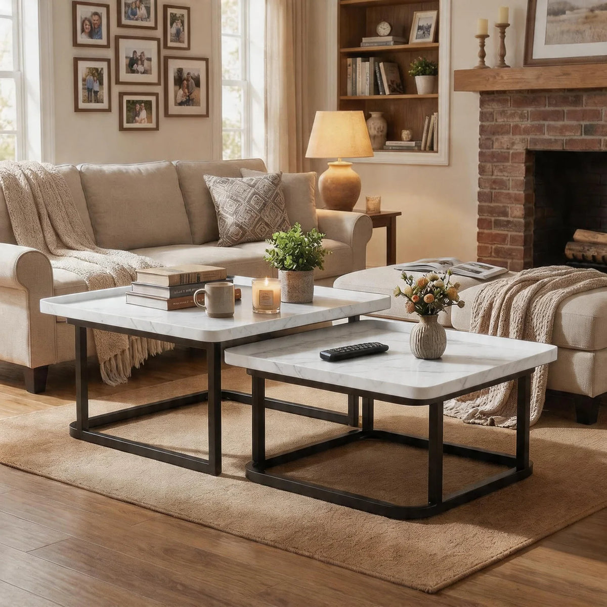 Space Saving Fluted Square Nesting Coffee Tables Set of 2 for Living Room