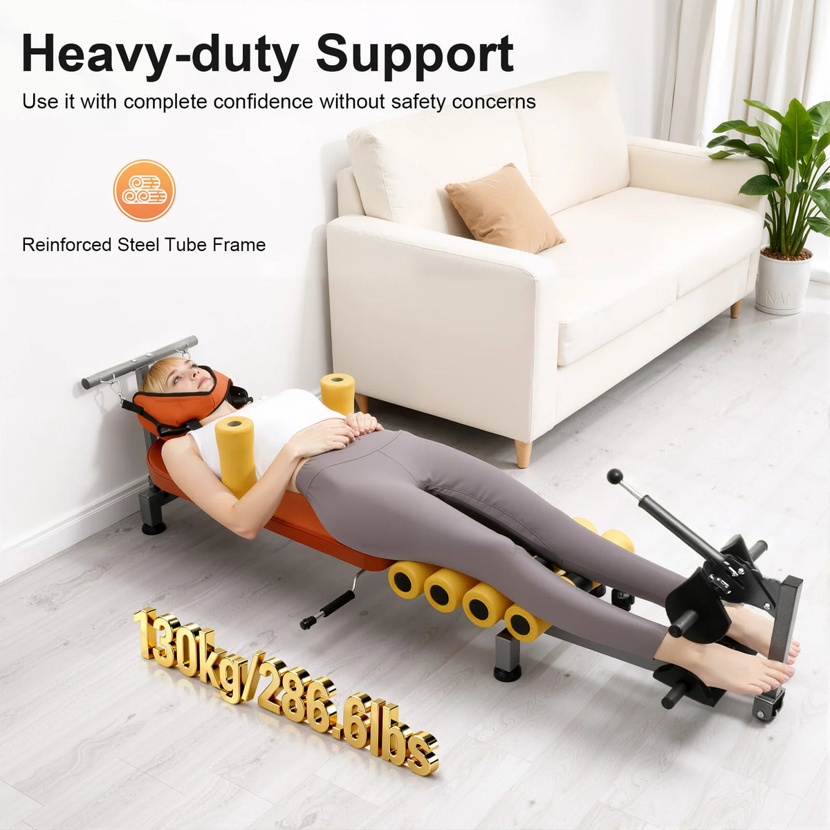 Back Stretch Bench – Adjustable 4.76-5.91ft – 286.6 Lbs – Traction & Decompression – U-Shape Footrest – Neck Back Relief – Orange Black