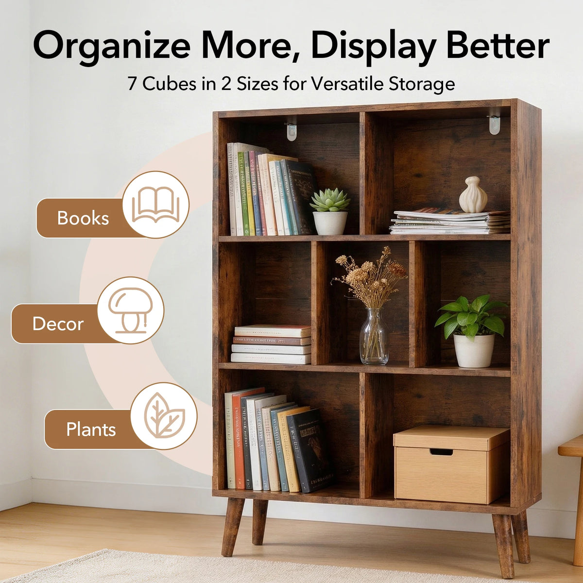 Three Tier Wooden Bookcase with Legs and Storage Display Shelves