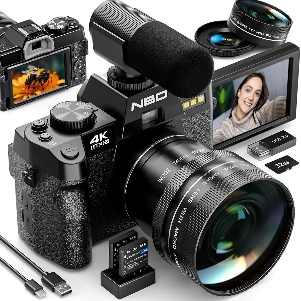 48MP 4K Vlogging Camera with 16X Zoom Flip Screen and Macro Lens
