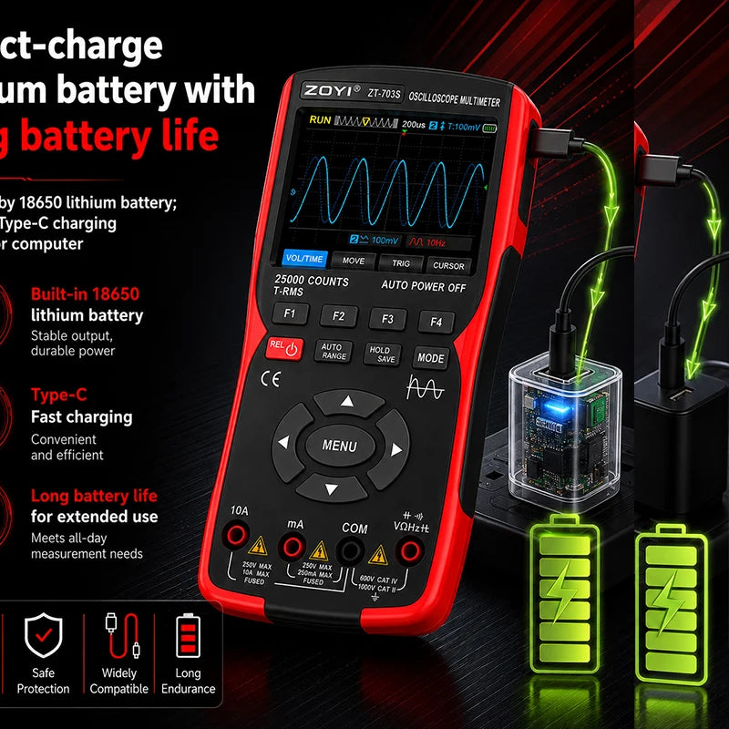 ZOYI ZT-703S 50MHz Dual Channel Oscilloscope Multimeter Signal Generator