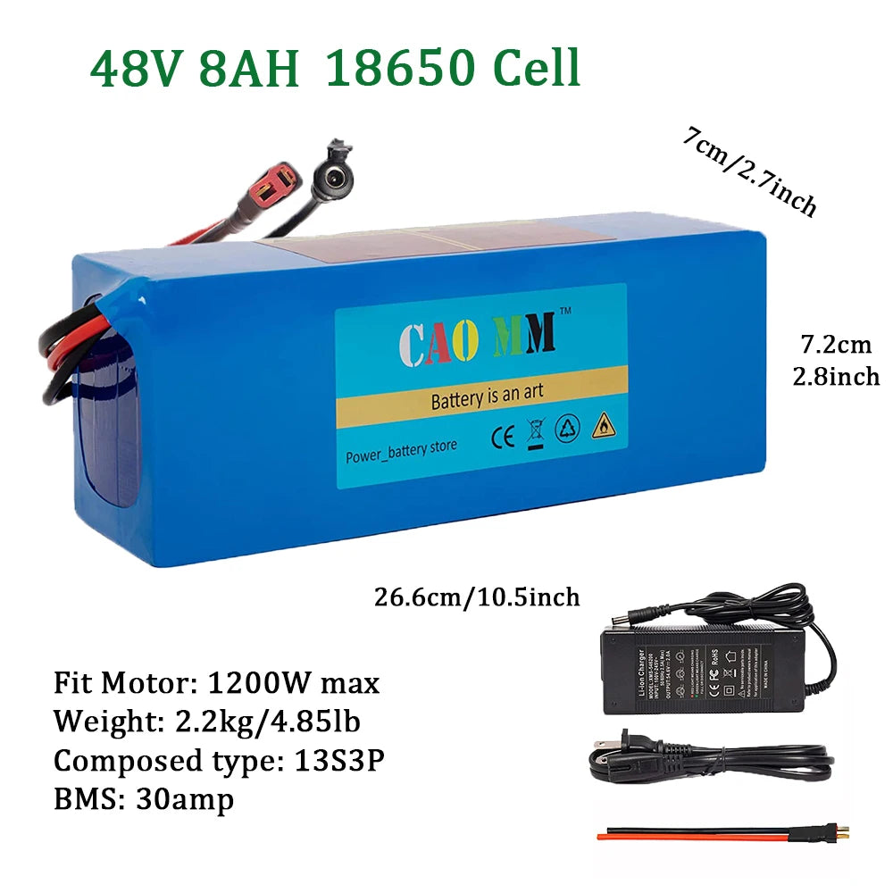 48v Battery, 8Ah/ 10Ah/ 14Ah/ 20Ah Ebike Battery for 200-2000W Electric Bike Bicycle, Scooter and Other Motor