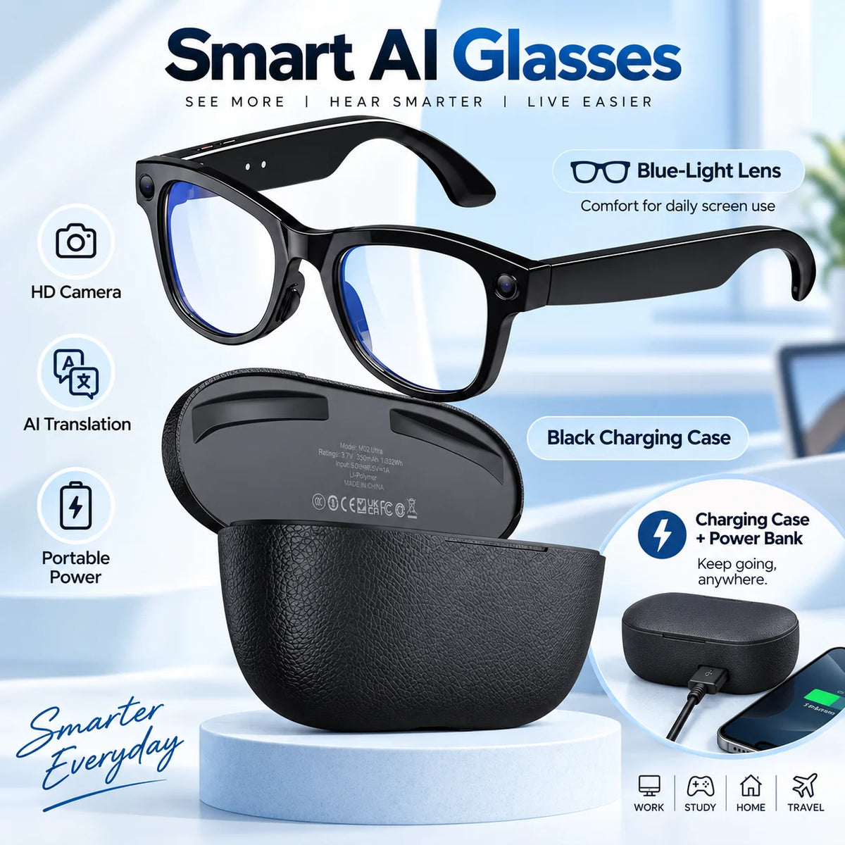 2026 Smart AI Glasses 1080P Camera 32GB Bluetooth Translation Charging Case