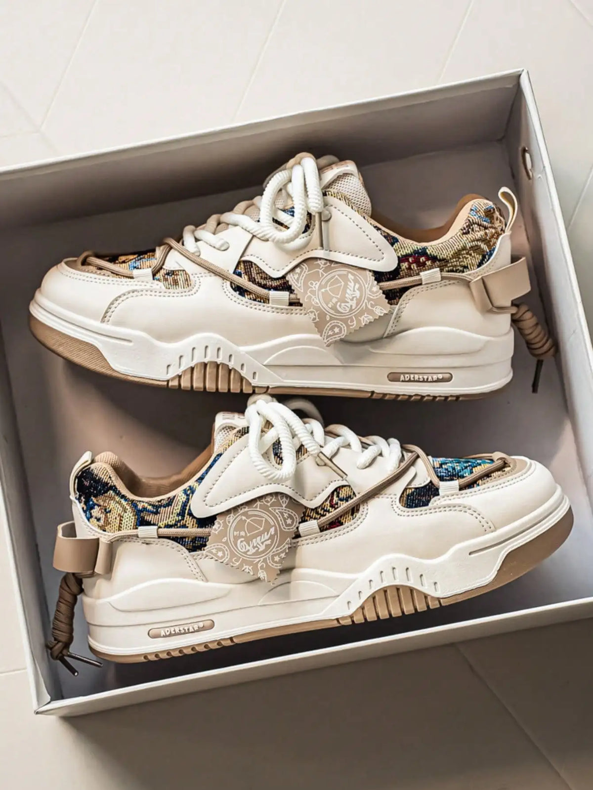Mens Retro Chunky Sneakers With Geometric Print And Thick Sole Skate Shoes