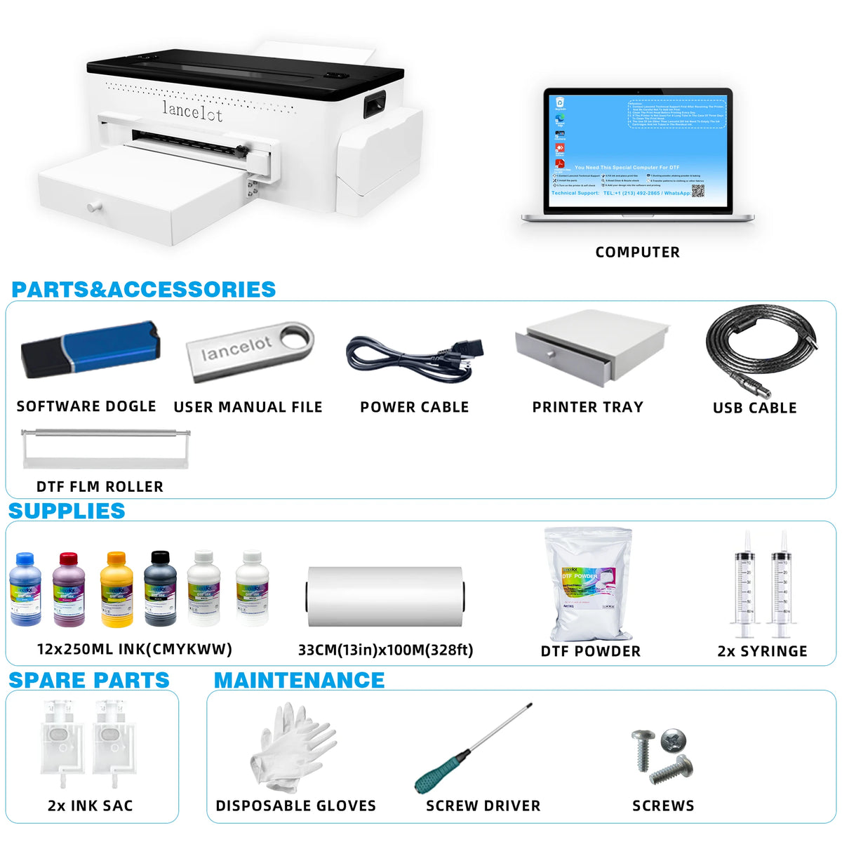 A3 DTF Printer Bundle with L1800 Printhead Laptop and Curing Oven