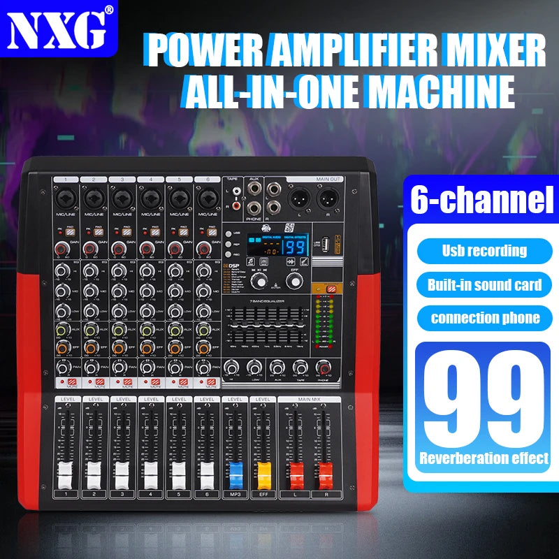 Yamnweo CV 600 6 Channel Audio Mixer 450W X2 DSP USB MP3 7 Band EQ