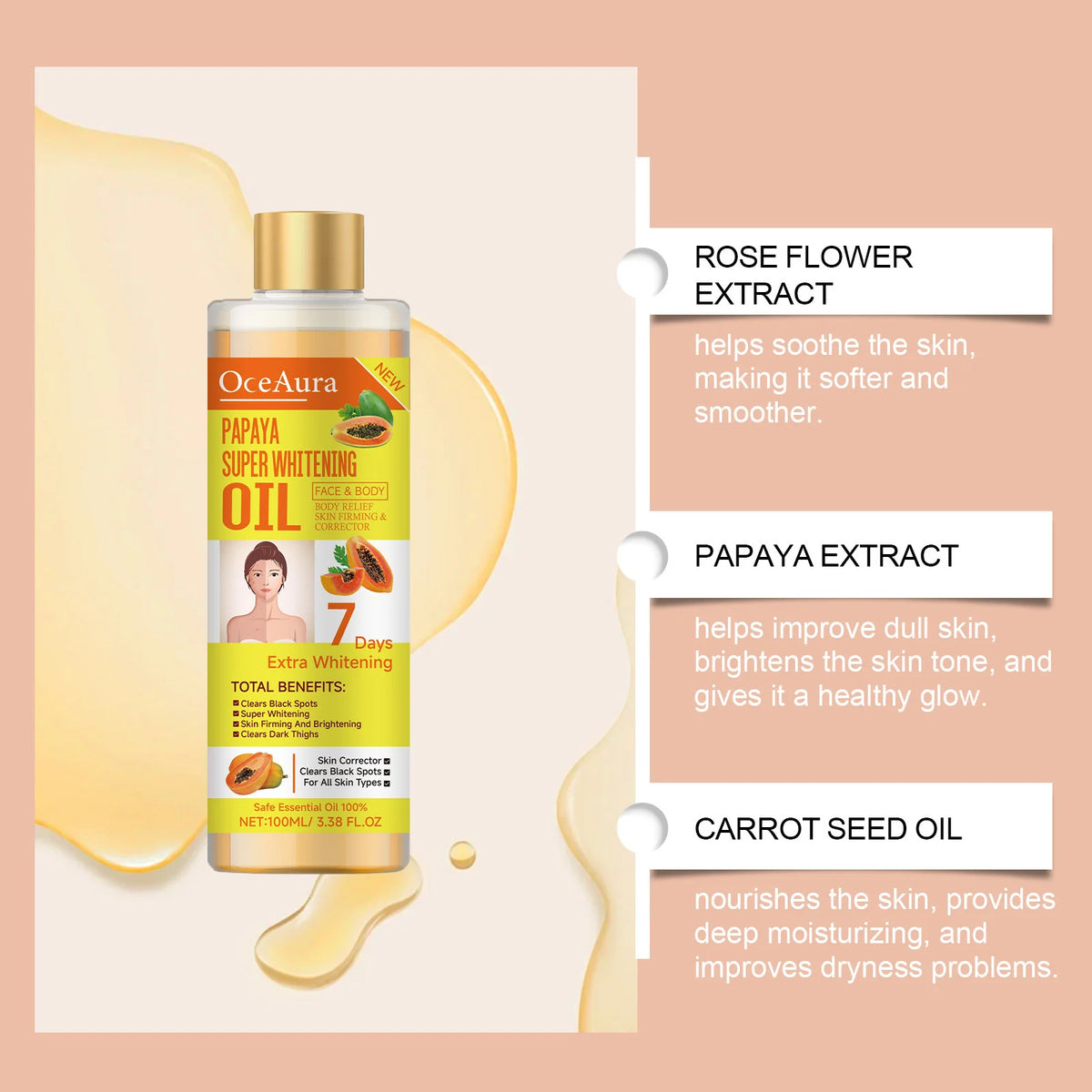 Papaya Face Body Moisturizer Oil Brightening Firming Skin Improve Dullness Anti Sagging Remove Blemish Super Body Whitening Oil