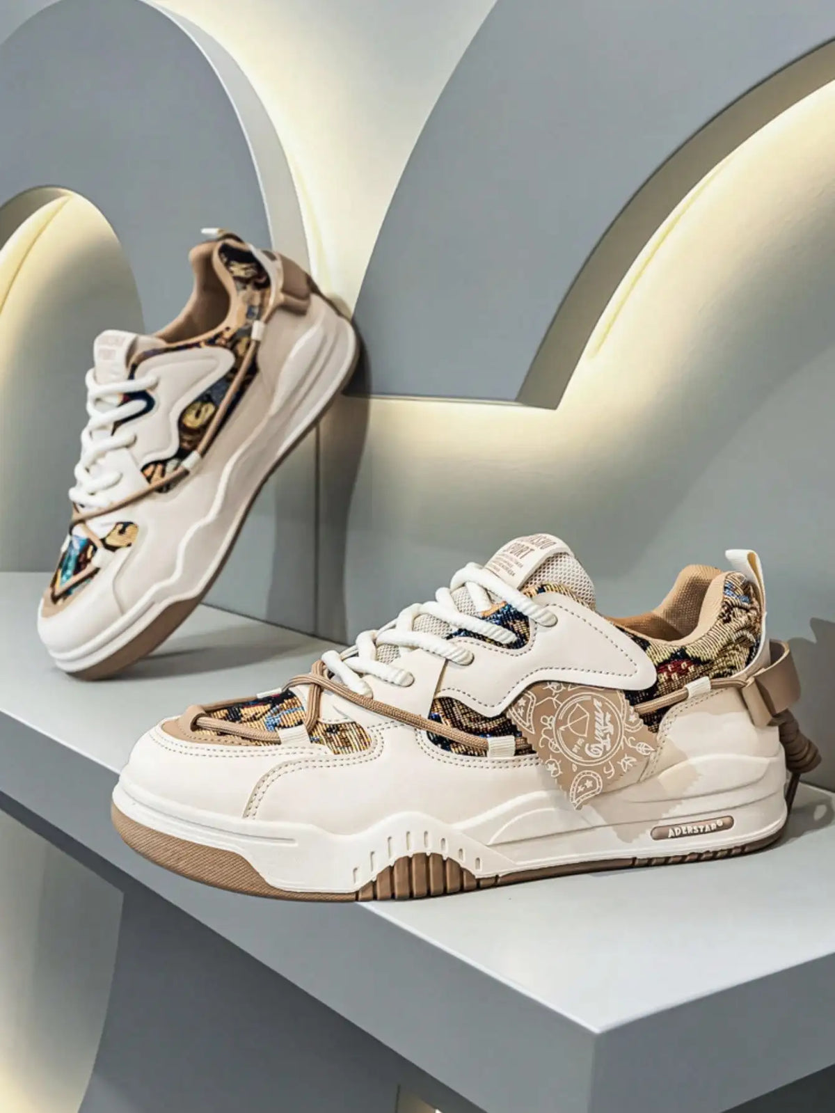 Mens Retro Chunky Sneakers With Geometric Print And Thick Sole Skate Shoes