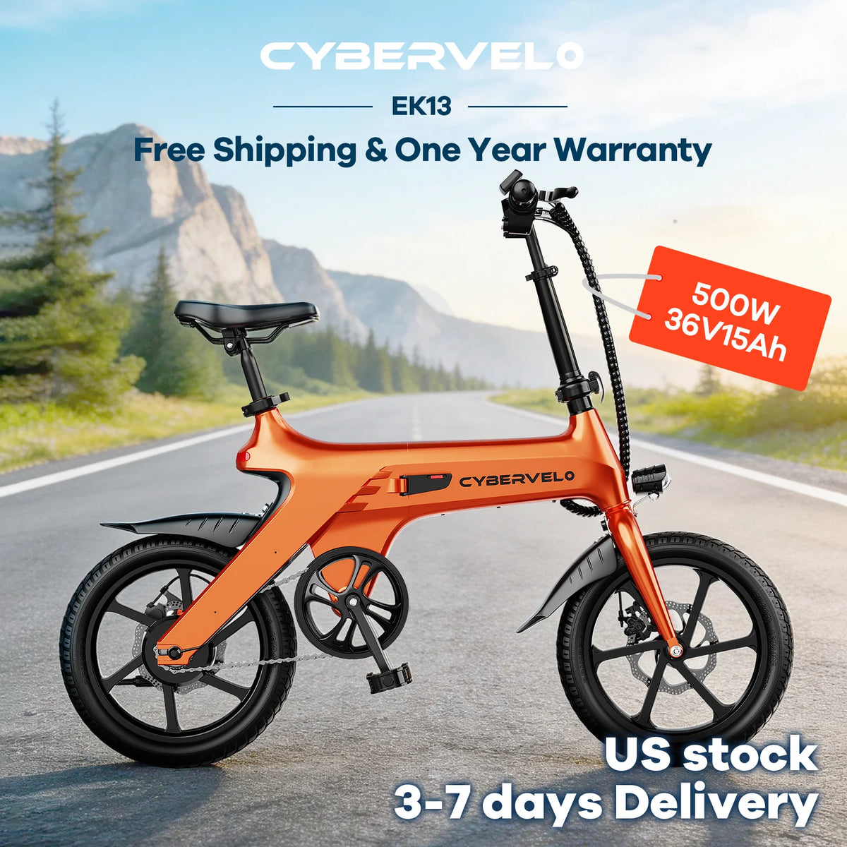 Cybervelo 500W Peak Motor, Foldable E-Bike, Adult City Travel Electric Bike, 20MPH Ultra Light Weight Long Range Commuter EK13