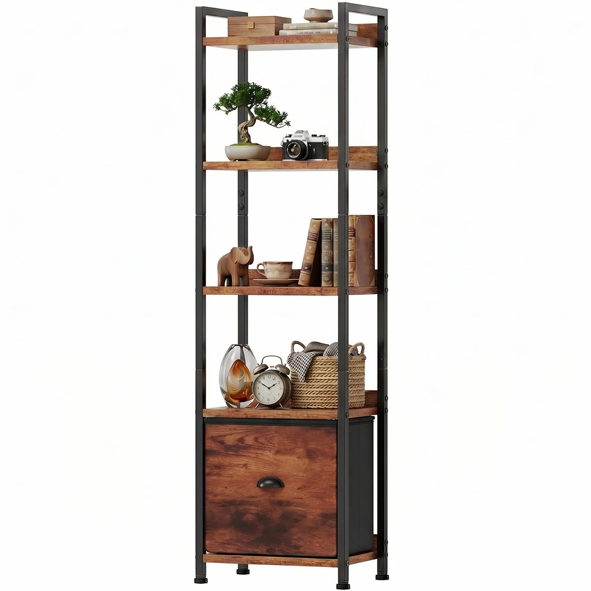 5 Tier Metal Bookshelf With Fabric Drawer Tall Freestanding Storage Shelf