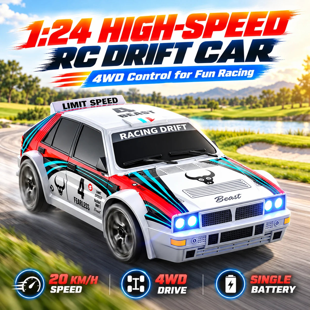1 24 Scale 4WD RC Drift Car With LED Headlights And Spare Tires