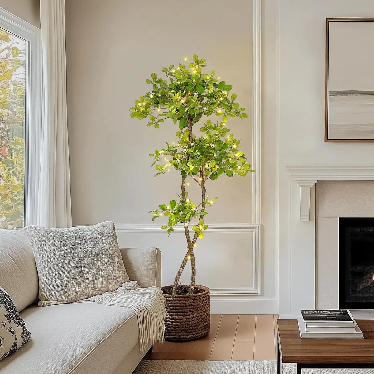 Artificial Black Olive Tree, Faux Olive Tree in Pot Fake Plants with Lights and Dimmer for Indoor Living Room Office Decor