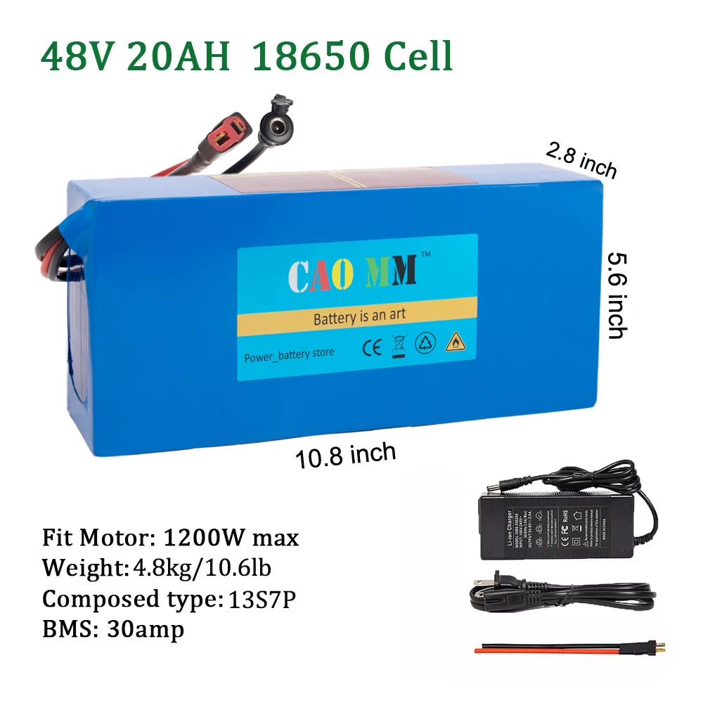 48v Battery, 8Ah/ 10Ah/ 14Ah/ 20Ah Ebike Battery for 200-2000W Electric Bike Bicycle, Scooter and Other Motor