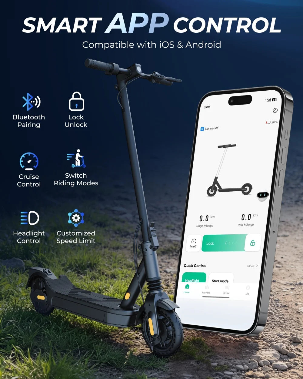 High Speed Electric Scooter Foldable E-scooter 500W 20 Mile Max Range 8.5 Inch Tire Double Suspension App Control Fast Charging