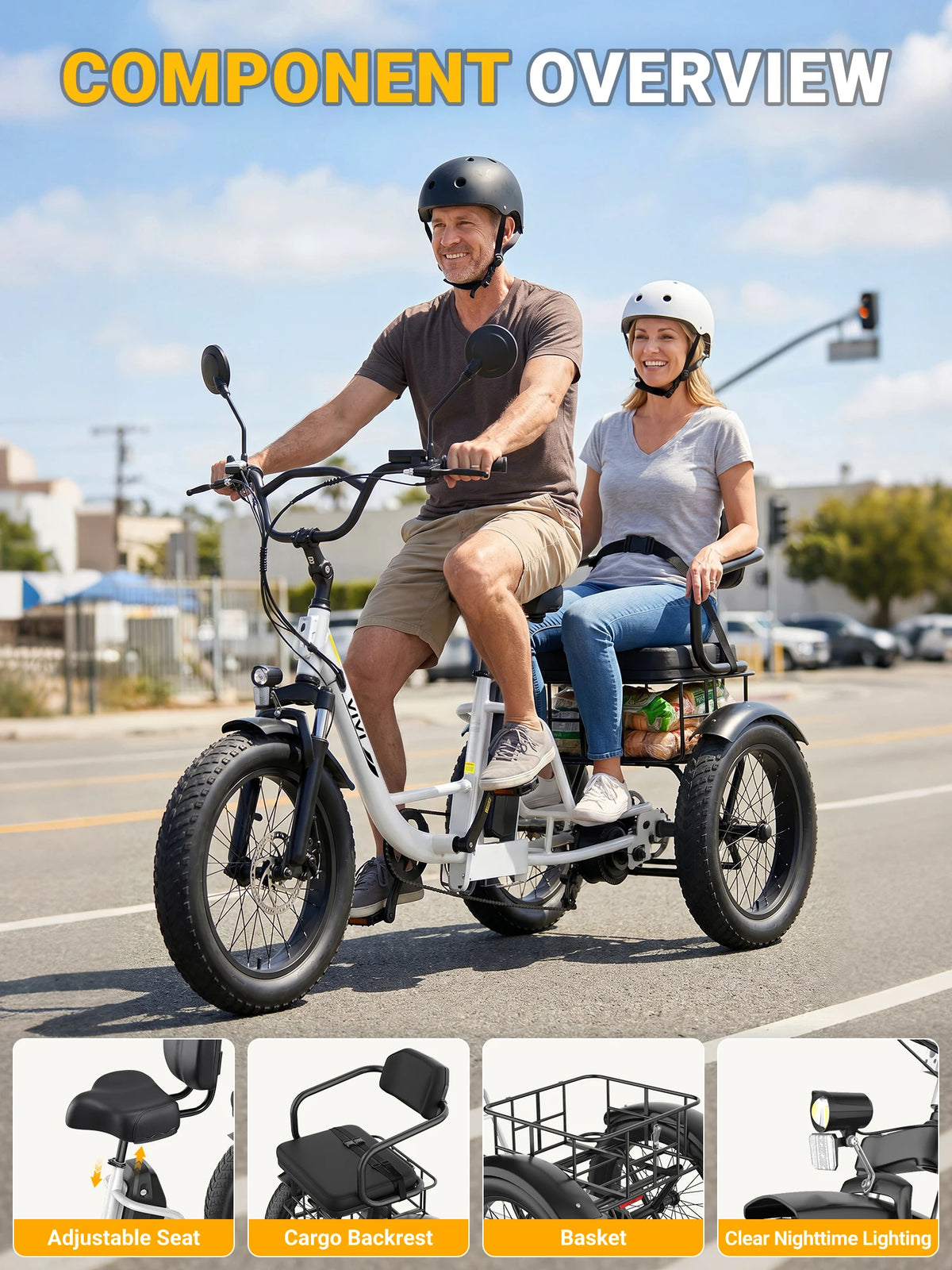 Vivi FAM01 Electric Tricycle for Adults with Basket & Seater, 750W Motor e Trike, 20''X4'' Fat Tire 3 Wheel E Bike, 48v 18AH Removable Battery, Rear Differential Bicycle, Up to 60+ Miles