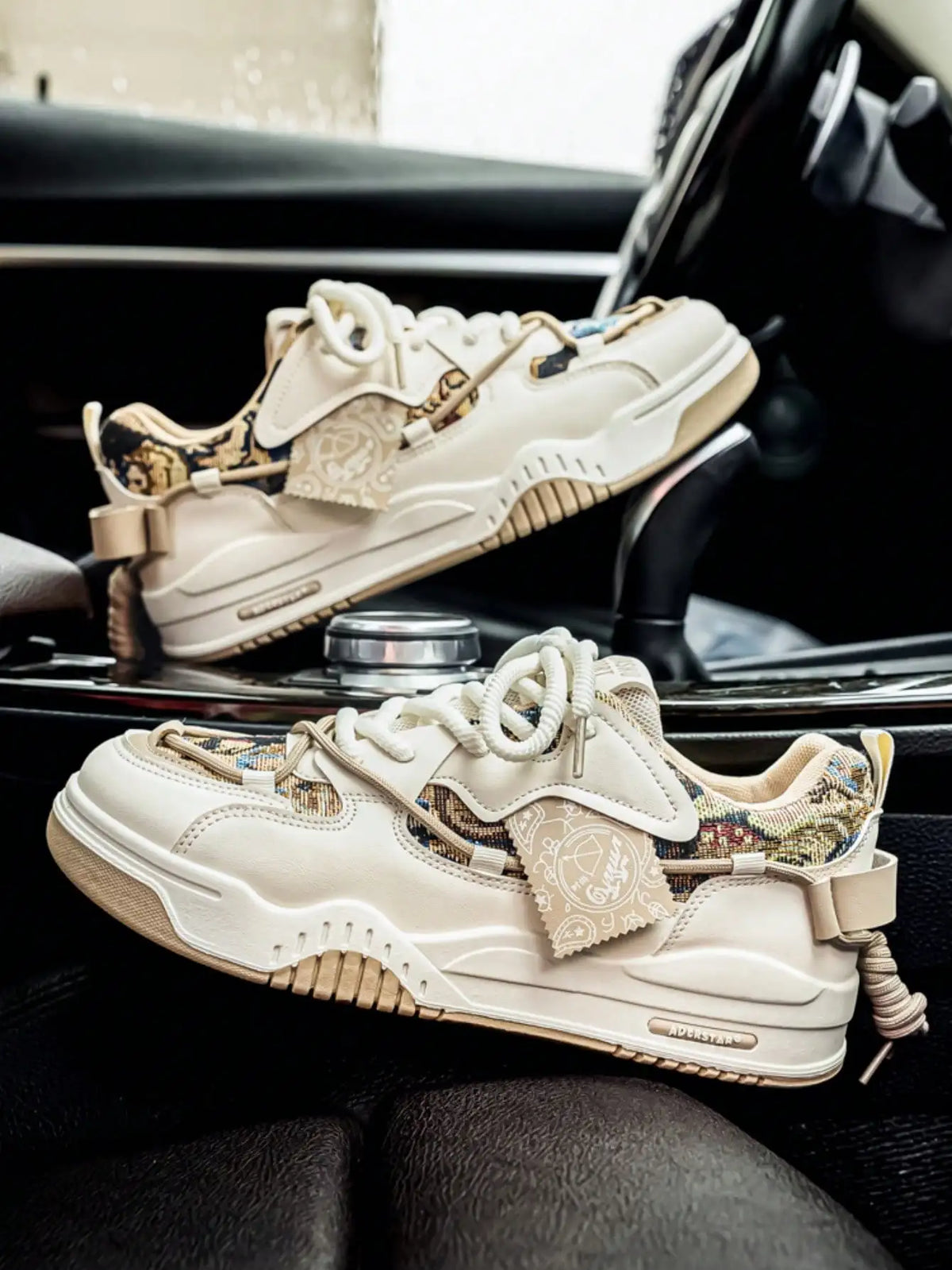 Mens Retro Chunky Sneakers With Geometric Print And Thick Sole Skate Shoes