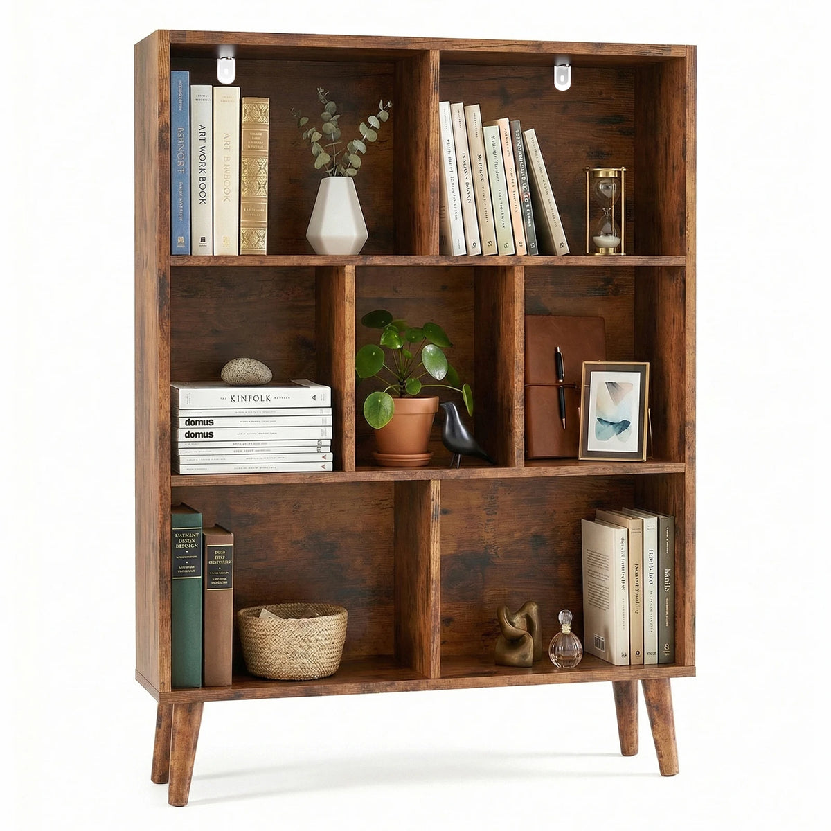 Three Tier Wooden Bookcase with Legs and Storage Display Shelves