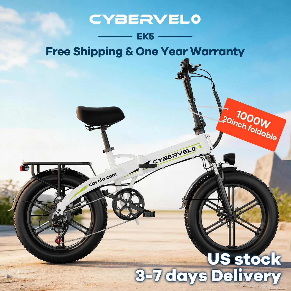Cybervelo 20' 1000W Foldable Mountain Sand Off Road E-Bike 48V 20AH Built-in Battery 80 Miles+ Long Range Electric-Bike for Adult EK5