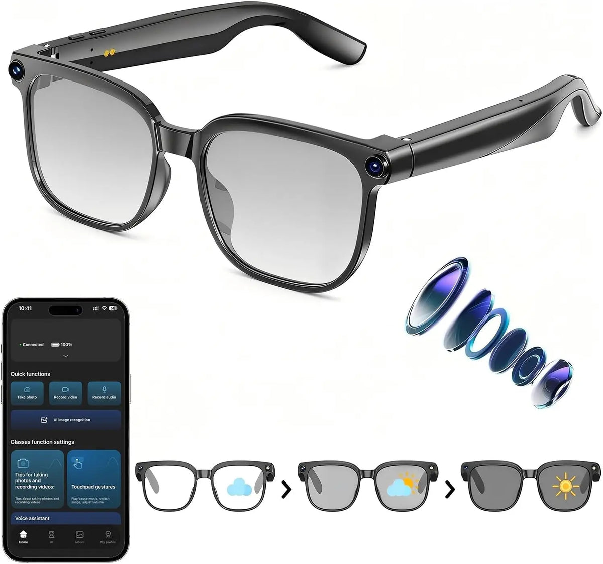 AI Smart Glasses With 8MP Camera 1080P Video Photochromic Lenses