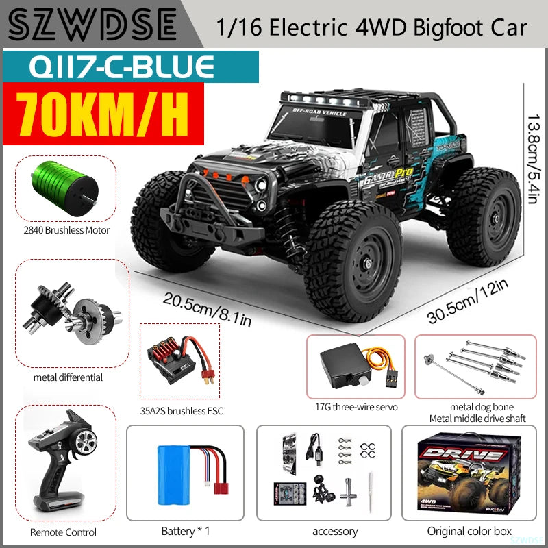 Wltoys Q117 1/16 RC Car 4WD Remote Control Car LED Headlights Brushless 70KM/H 2.4G High Speed Off-Road Drift Toys for Children