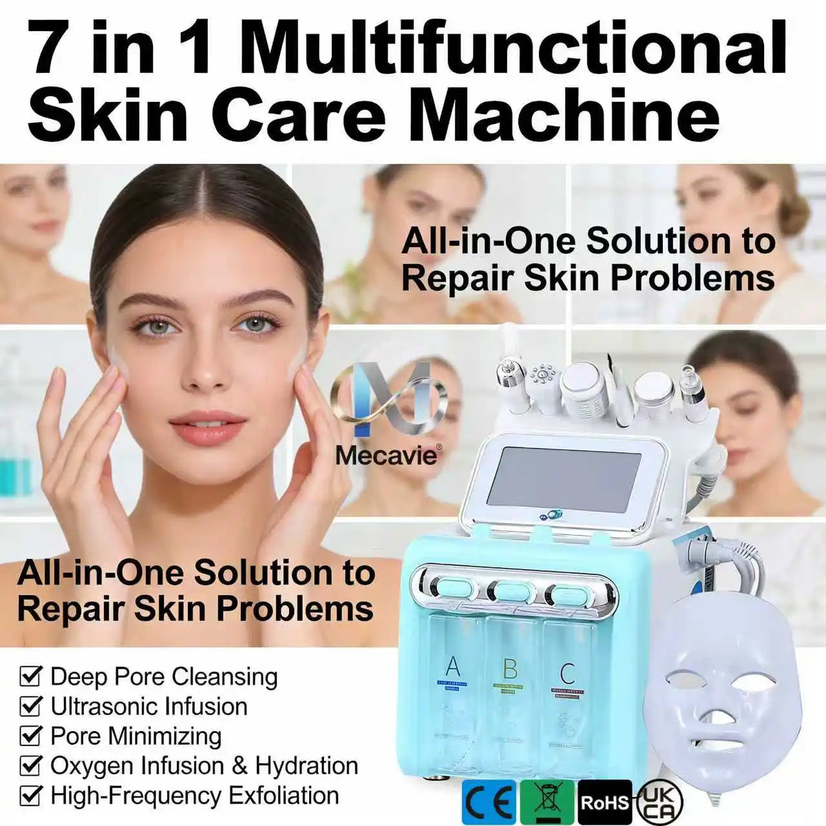 7 in 1 Professional Hydra Facial Machine Hydrogen Oxygen Skin Management Machine Ultrasonic Skin Scrubber Oxygen Injection Beauty Instrument With LED Mask