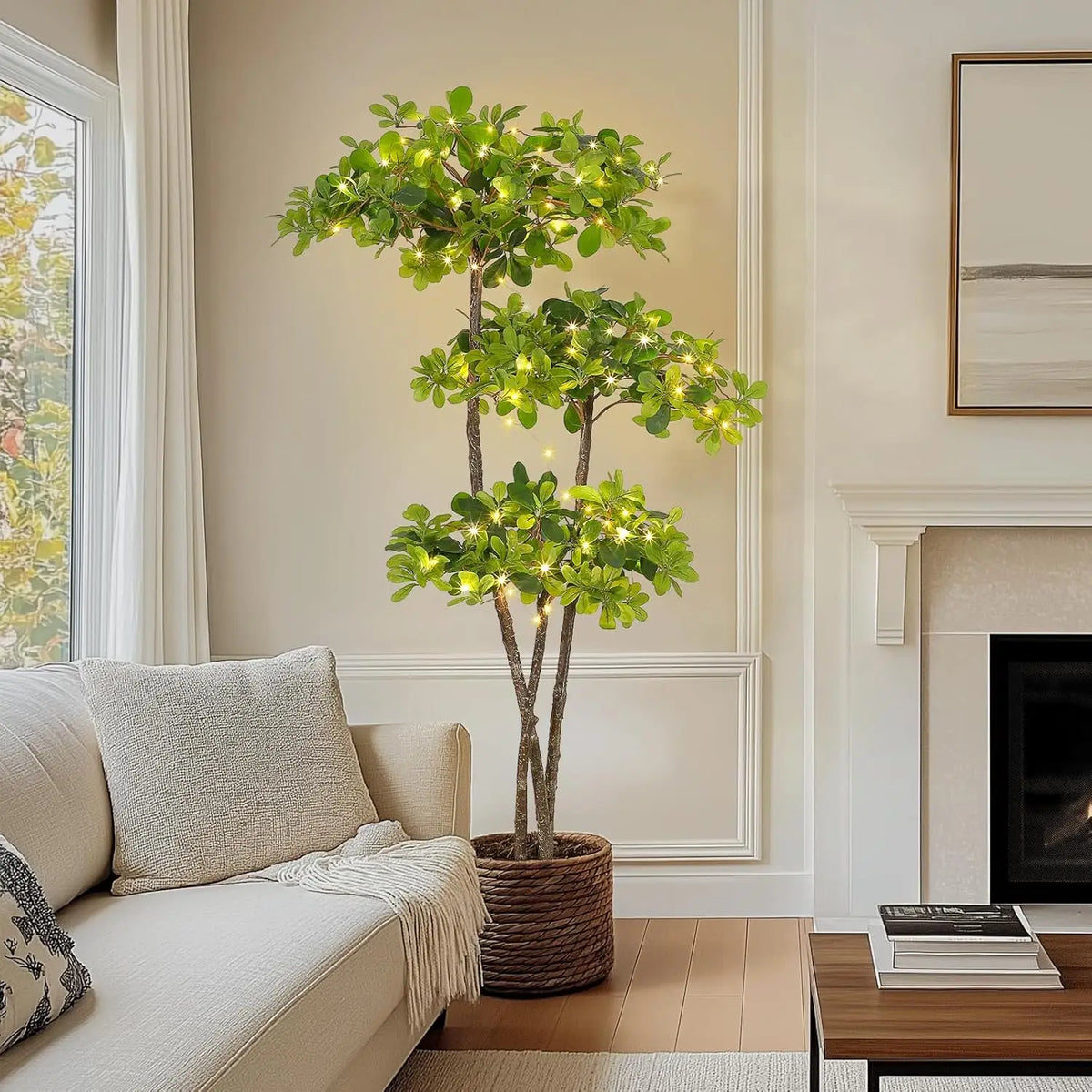 Artificial Black Olive Tree, Faux Olive Tree in Pot Fake Plants with Lights and Dimmer for Indoor Living Room Office Decor